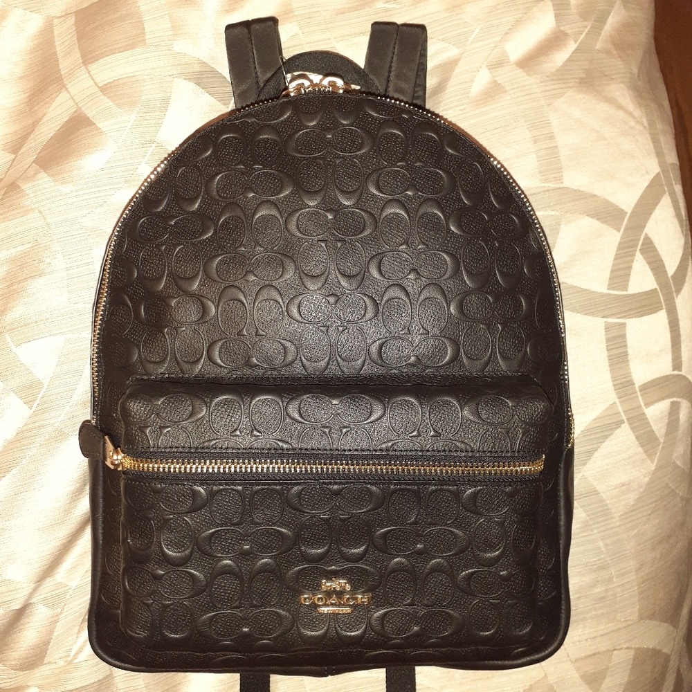 COACH mens signature black leather back pack